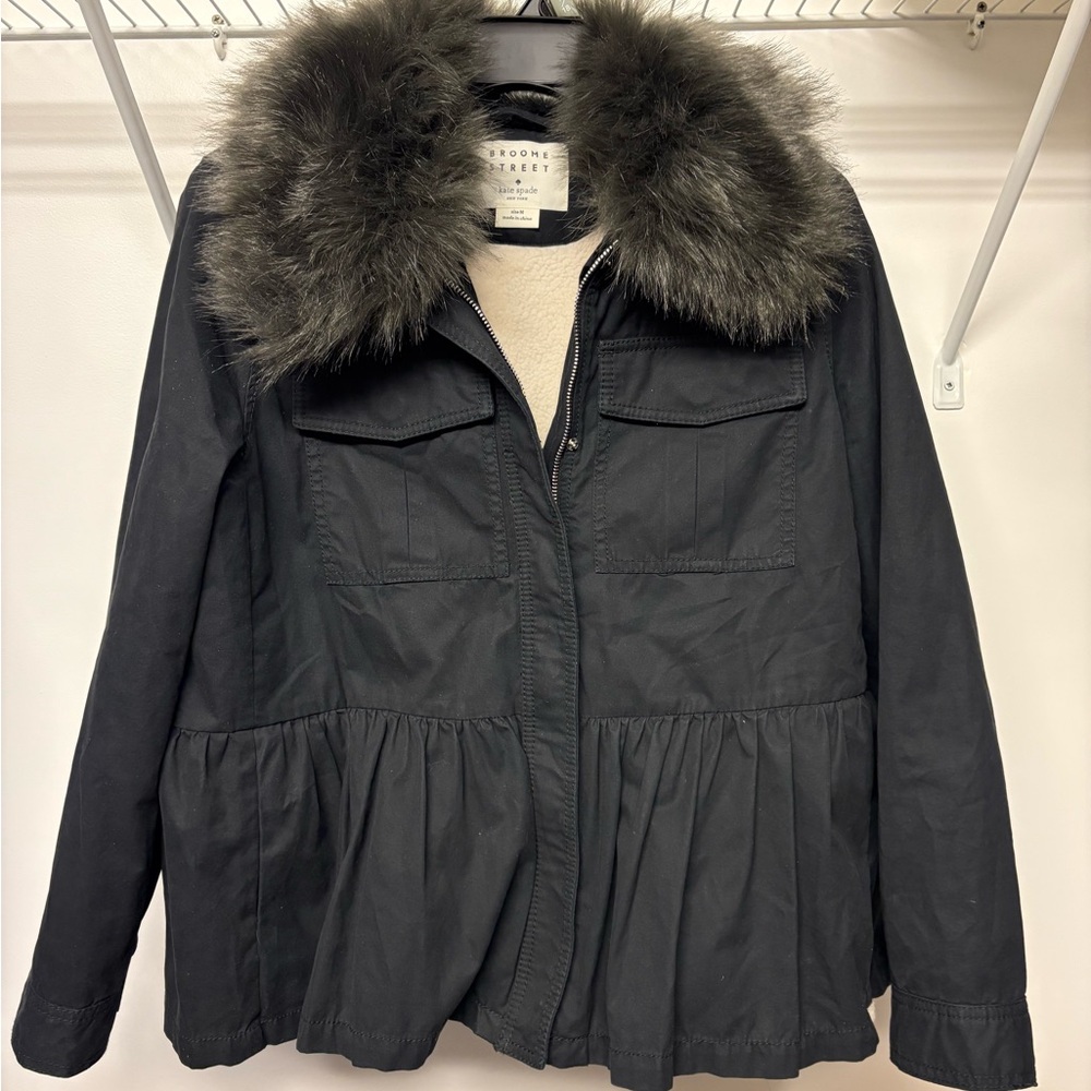 Kate Spade Wool Blend Faux Fur Trim Military Jacket Coat Full Zip Size Medium